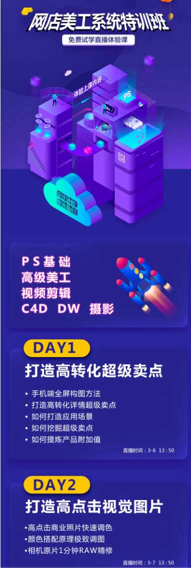 网店美工系统精英班-7月:PS基础×主图设计×海报实战×详情页×首页装修×产品修图×视频剪辑×人像精修。