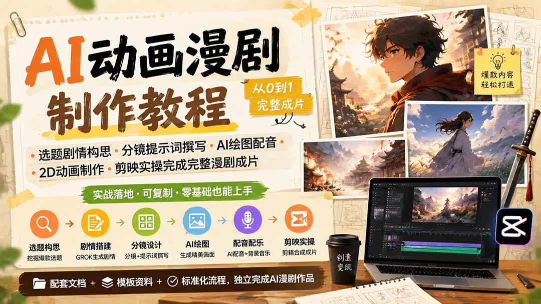 AI动画漫剧制作教程|选题剧情构思·分镜提示词撰写·AI绘图配音·2D动画制作·剪映实操完成完整漫剧成片