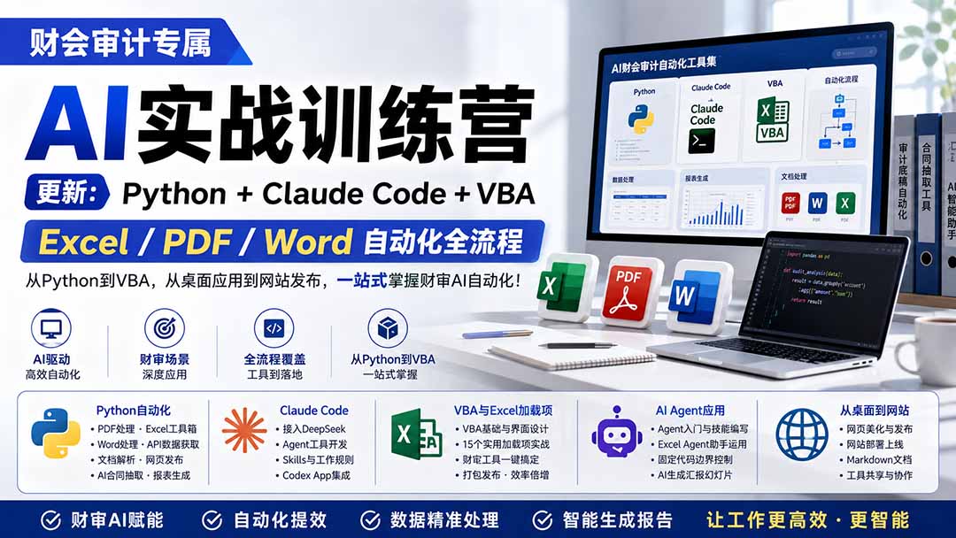 财会审计专属 AI实战训练营:Python+Claude Code+VBA,Excel/PDF/Word自动化全流程 (更新)