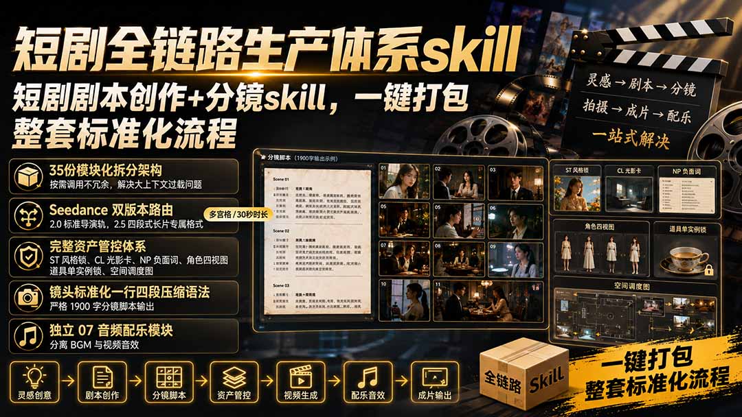 短剧全链路生产体系skill,短剧剧本创作+分镜skill,一键打包,整套标准化流程