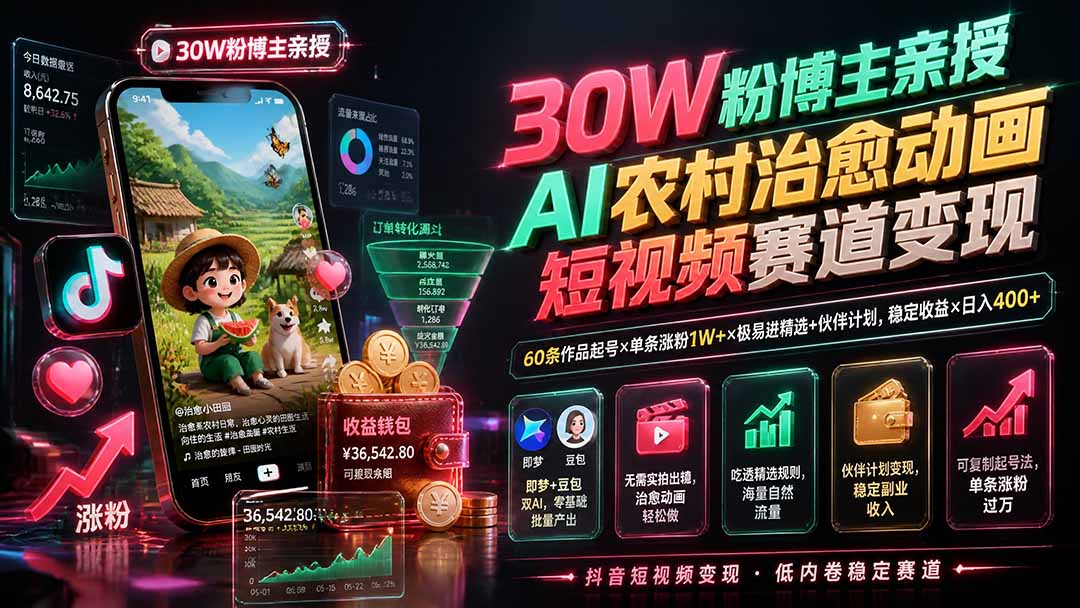 30W粉博主亲授AI农村治愈动画短视频赛道变现:60条作品起号×单条涨粉1W+×极易进精选+伙伴计划,稳定收益×日入400+