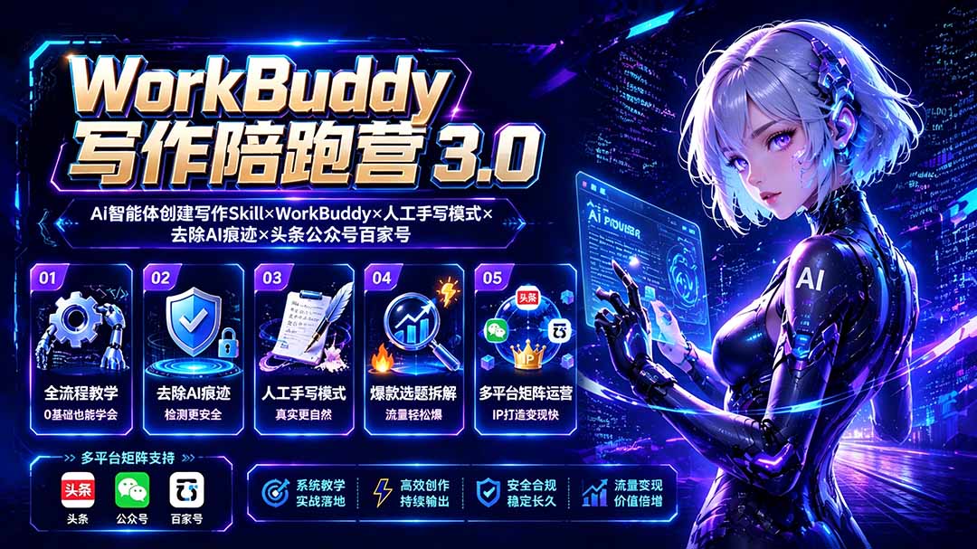 WorkBuddy写作陪跑营3.0-更新:Ai智能体创建写作Skill×WorkBuddy×人工手写模式×去除AI痕迹×头条公众号百家号