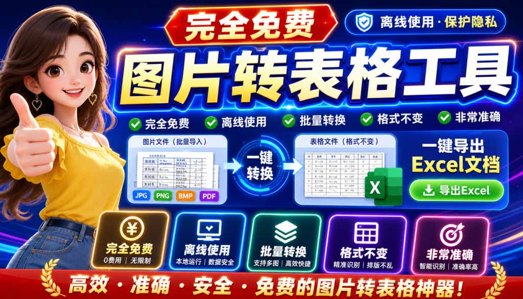 图片表格识别提取工具,支持一键从图片中智能提取表格并导出Excel文件,可离线免网运行,FastTableOCR
