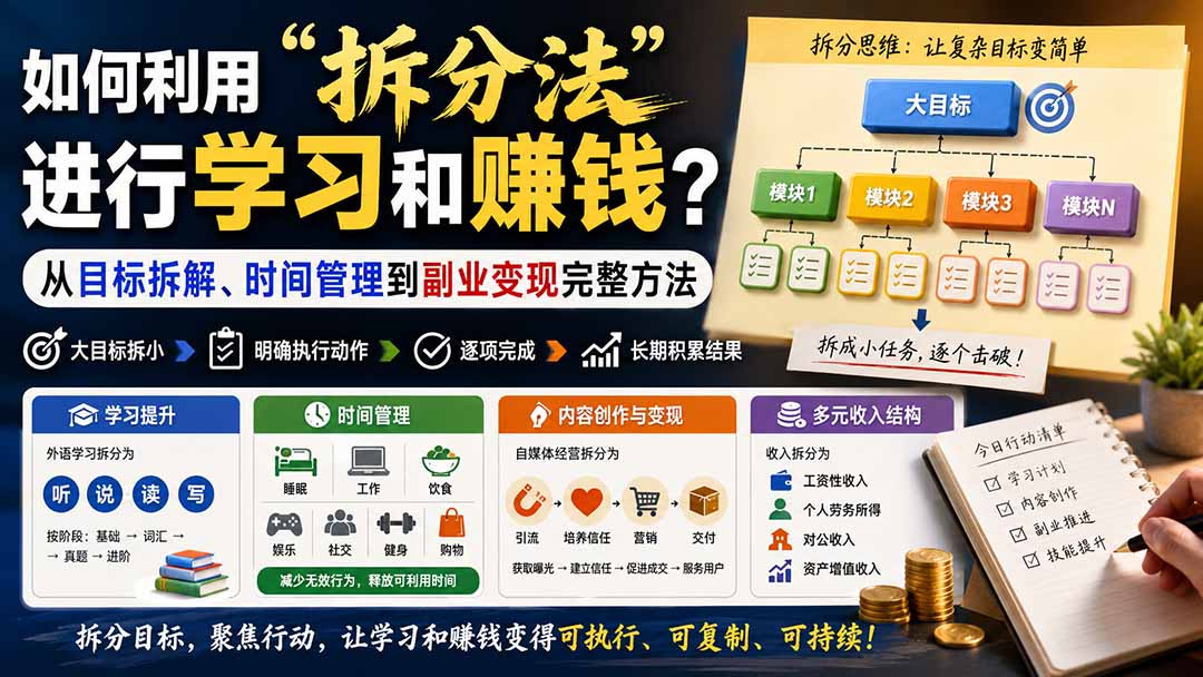 付费文章:如何利用“拆分法”进行学习和賺钱?从目标拆解、时间管理到副业变现完整方法