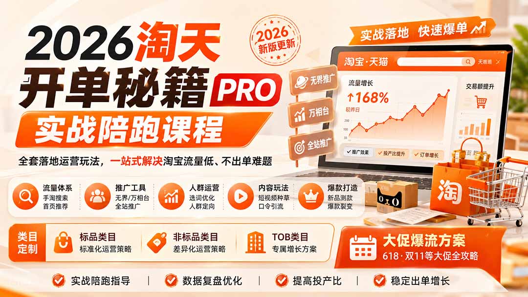 2026淘天开单秘籍PRO实战陪跑课程:全套落地运营玩法,一站式解决淘宝流量低、不出单难题(更新260823)