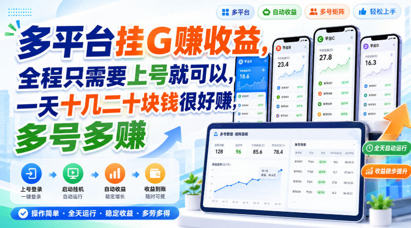多平台挂G賺收益,全程只需要上号就可以,一天十几二十块钱很好賺,多号多賺 多平台挂G賺收益,全程只需要上号就可以,一天十几二十块钱很好賺,多号多賺