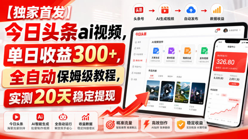 【独家首发】今日头条ai视频,单日收益300+,全自动保姆级教程,实测20天稳定提现 【独家首发】今日头条ai视频,单日收益300+,全自动保姆级教程,实测20天稳定提现