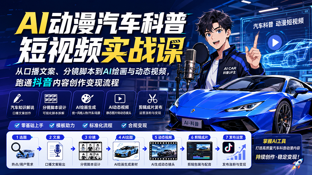 AI动漫汽车科普短视频实战课:从口播文案、分镜脚本到AI绘画与动态视频,跑通抖音内容创作变现流程
