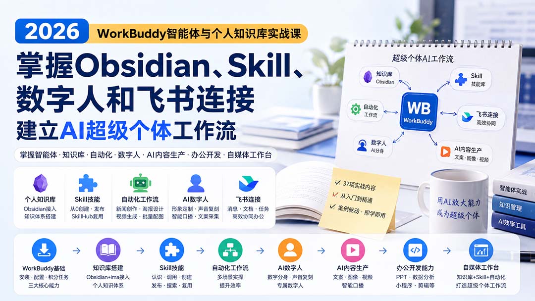 2026 WorkBuddy智能体与个人知识库实战课:掌握Obsidian、Skill、数字人和飞书连接,建立AI超级个体工作流