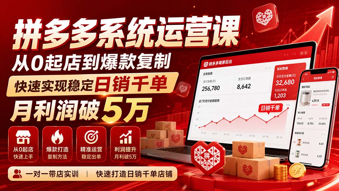 拼多多系统运营课(更新8月),从0起店到爆款复制,快速实现稳定日销千单,月利润破5万