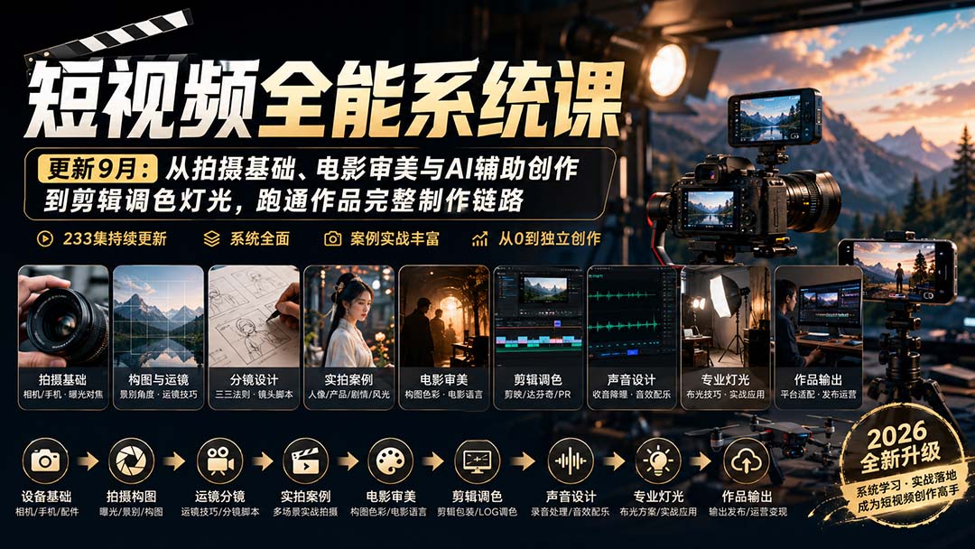 短视频全能系统课-更新8月233集:从拍摄基础、电影审美与AI辅助创作到剪辑调色灯光,跑通作品完整制作链路