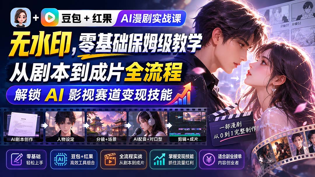 豆包+红果AI漫剧实战课-无水印,零基础保姆级教学,从剧本到成片全流程,解锁 AI 影视赛道变现技能