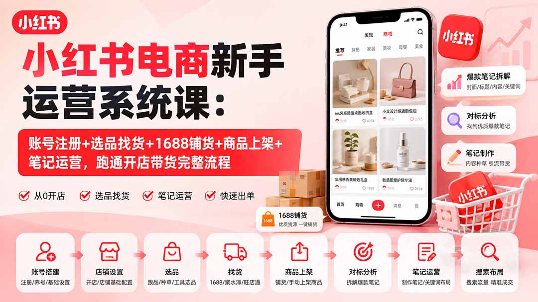 小红书电商新手运营系统课:账号注册+选品找货+1688铺货+商品上架+笔记运营,跑通开店带货完整流程