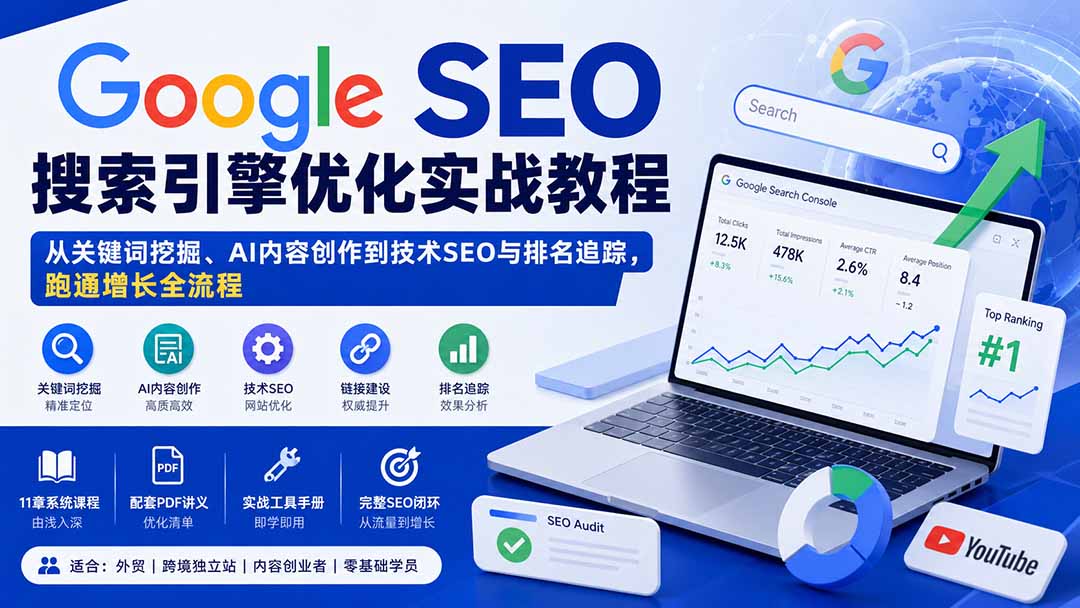 Google SEO搜索引擎优化实战教程:从关键词挖掘、AI内容创作到技术SEO与排名追踪,跑通增长全流程