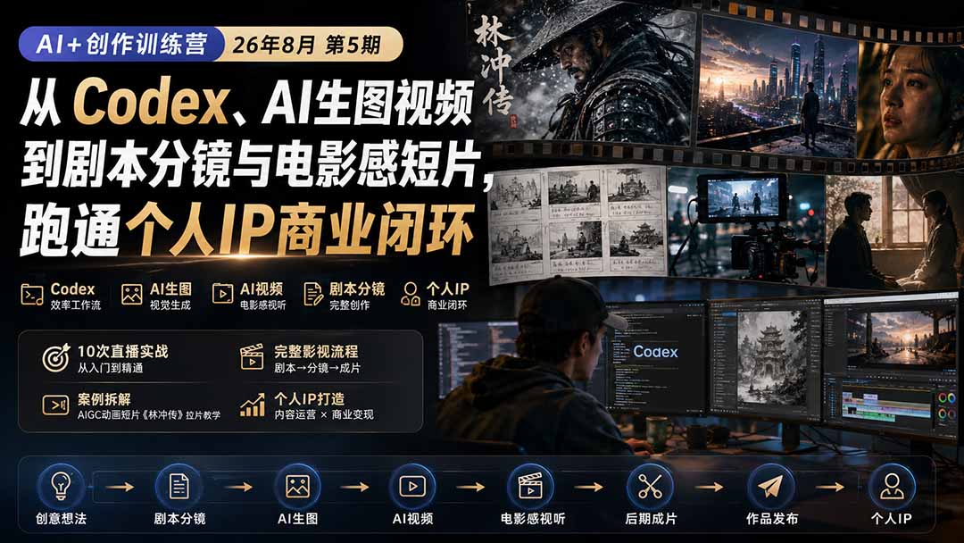 AI+创作训练营26年第5期-更新:从Codex、AI生图视频到剧本分镜与电影感短片,跑通个人IP商业闭环