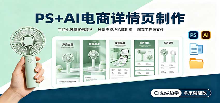 PS+AI电商详情页制作:手持小风扇案例教学,配套工程源文件 PS+AI电商详情页制作:手持小风扇案例教学,配套工程源文件