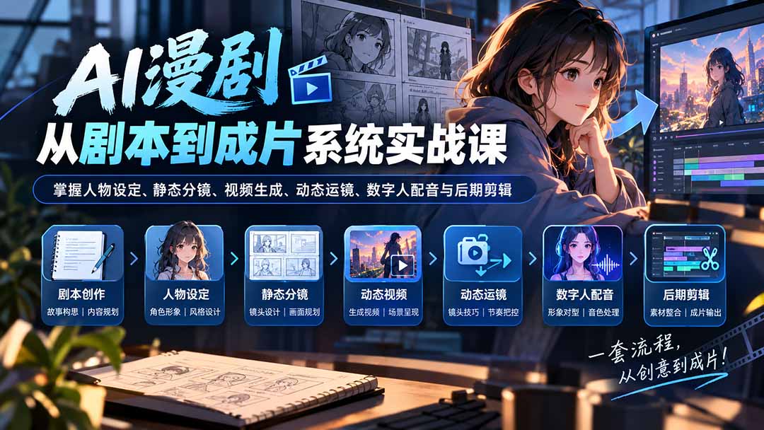 AI漫剧从剧本到成片系统实战课:掌握人物设定、静态分镜、视频生成、动态运镜、数字人配音与后期剪辑