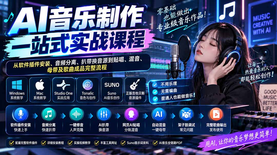 AI音乐制作一站式实战课程:从软件插件安装、音频分离、扒带换音源到贴唱、混音、母带及歌曲成品完整流程