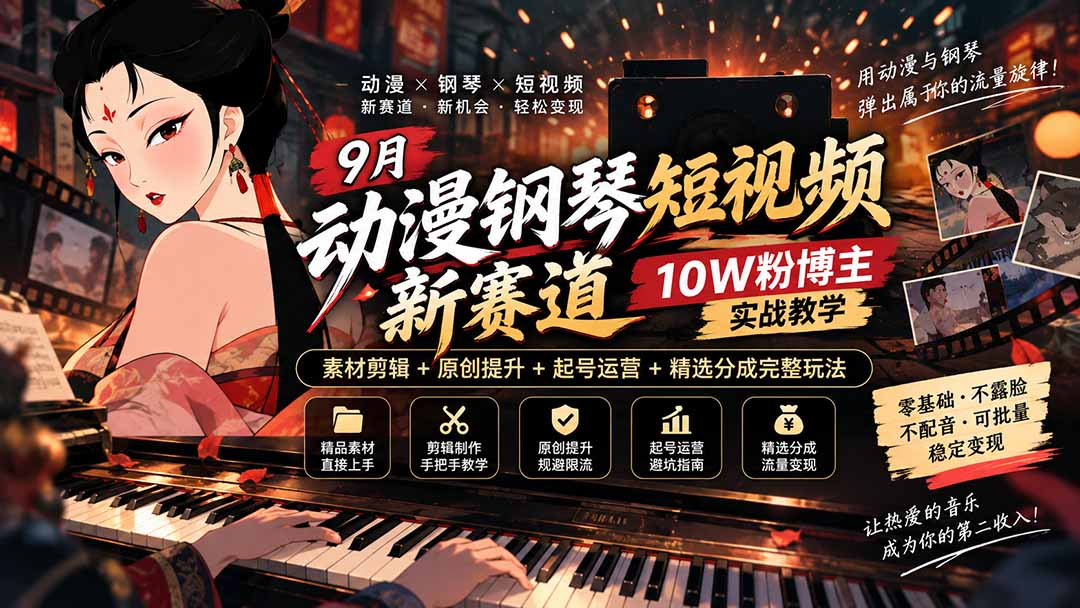 9月动漫钢琴短视频新赛道|10W粉博主实战教学,素材剪辑+原创提升+起号运营+精选分成完整玩法