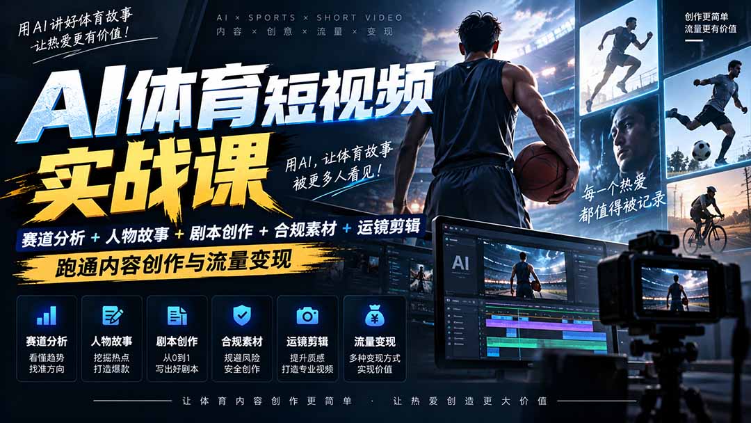 AI体育短视频赛道顶级玩法|赛道分析+人物故事+剧本创作+版权处理+运镜剪辑,跑通流量变现-日赚1K+