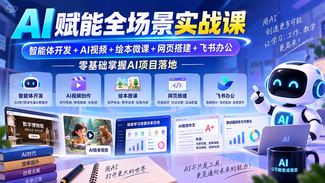 AI赋能全场景实战课|智能体开发+AI视频+绘本微课+网页搭建+飞书办公,零基础掌握AI项目落地