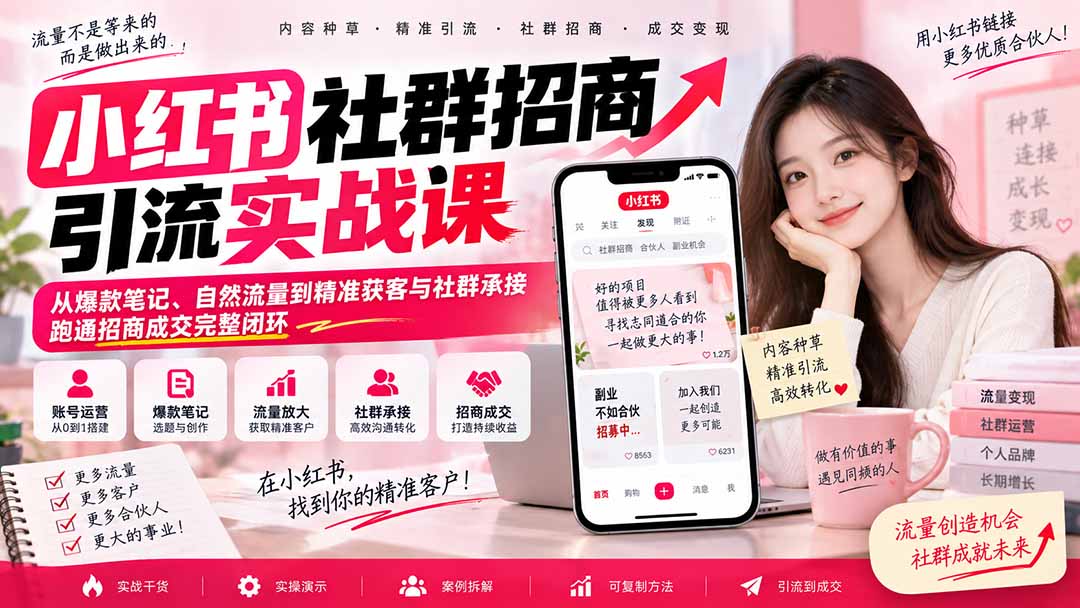 小红书社群招商引流实战课-无水印:从爆款笔记、自然流量到精准获客与社群承接,跑通招商成交完整闭环