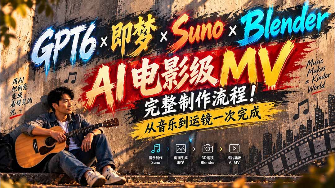 GPT6×即梦×Suno×Blender|AI电影级MV完整制作流程!从音乐到运镜一次完成 (无水印)