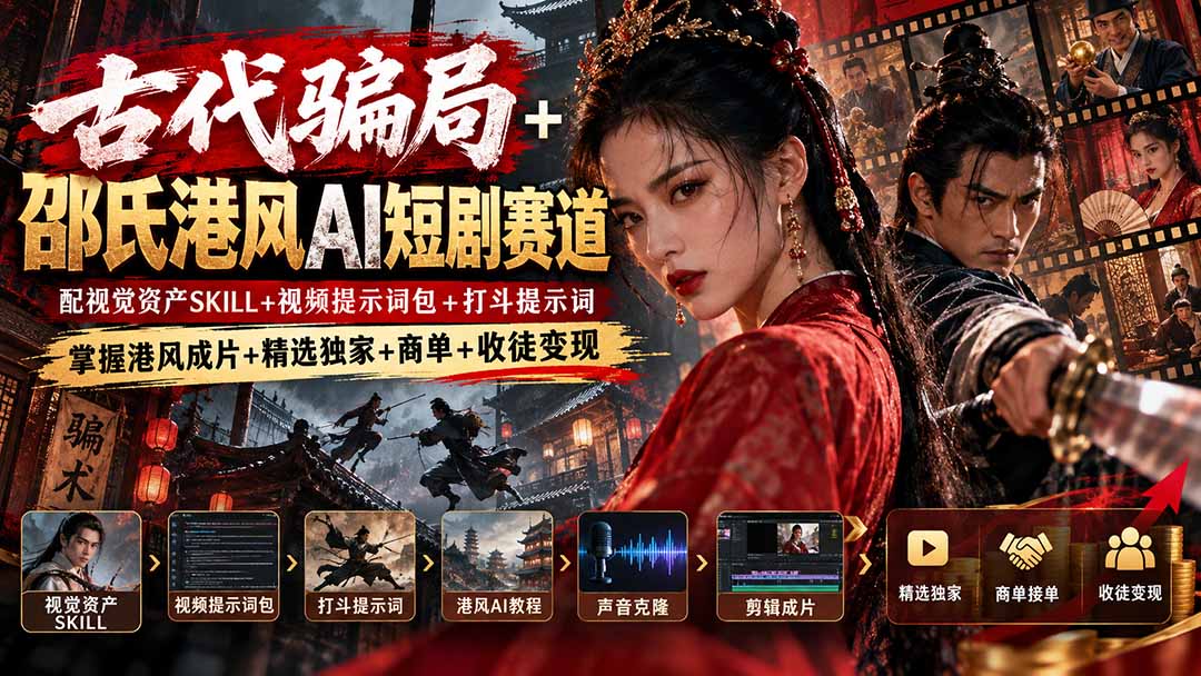 古代骗局+邵氏港风AI短剧赛道:配视觉资产SKILL+视频提示词包+打斗提示词,掌握港风成片+精选独家+商单+收徒变现