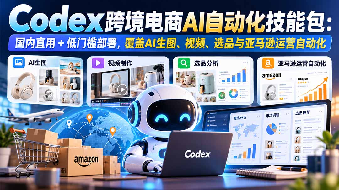 【无水印】Codex跨境电商AI自动化技能包:国内直用+低门槛部署,覆盖AI生图、视频、选品与亚马逊运营自动化
