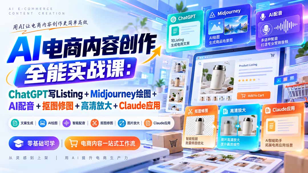 【无水印】AI电商内容创作全能实战课:ChatGPT写Listing+Midjourney绘图+AI配音+抠图修图+高清放大+Claude应用