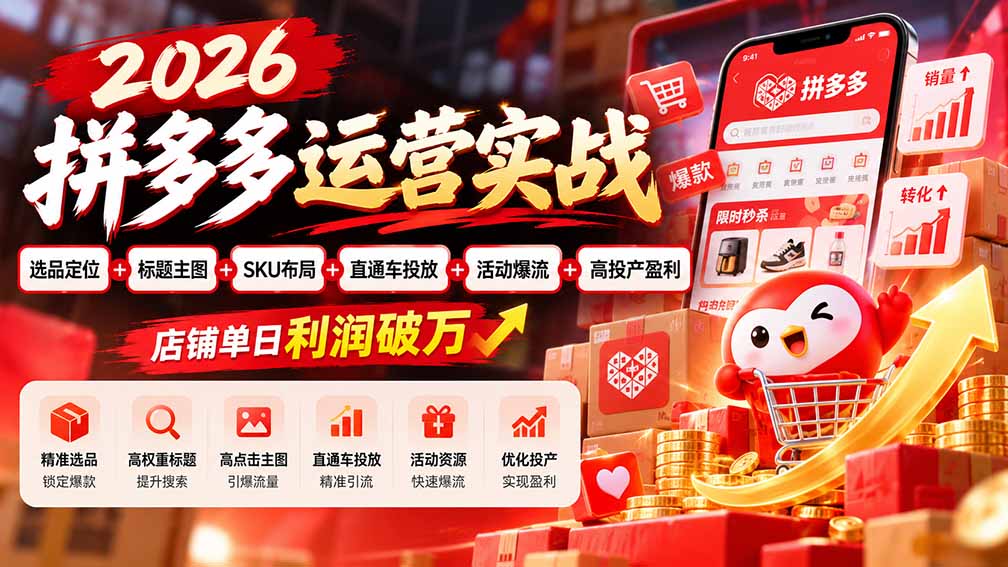 2026拼多多运营实战-更新1002:选品定位+标题主图+SKU布局+直通车投放+活动爆流+高投产盈利 店铺单日利润破万