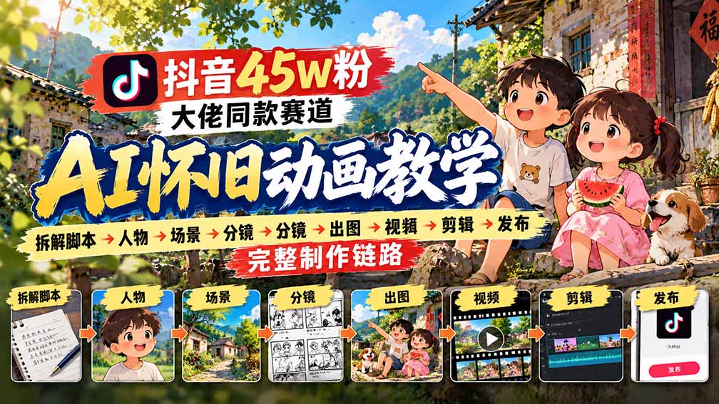 抖音45W粉大佬同款赛道AI怀旧动画教学:拆解脚本→人物→场景→分镜→出图→视频→剪辑→发布完整制作链路