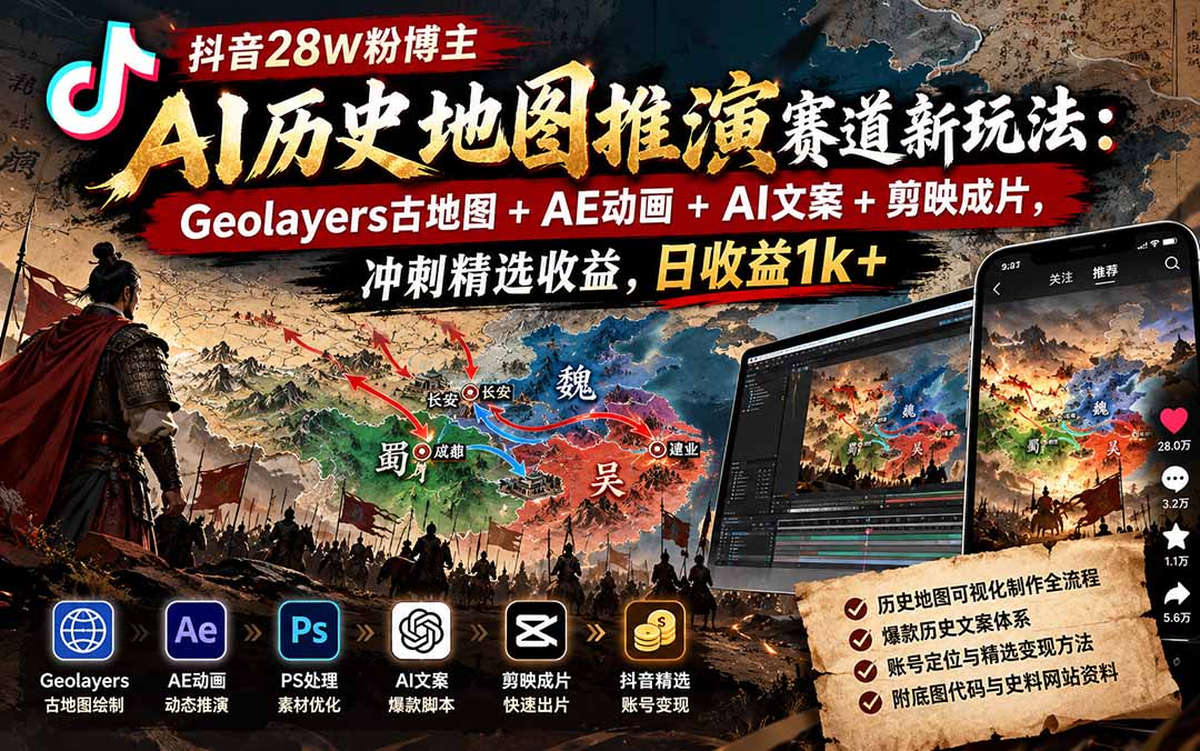 抖音28W粉博主AI历史地图推演赛道新玩法:Geolayers古地图+AE动画+AI文案+剪映成片,冲刺精选收益,日收益1k+
