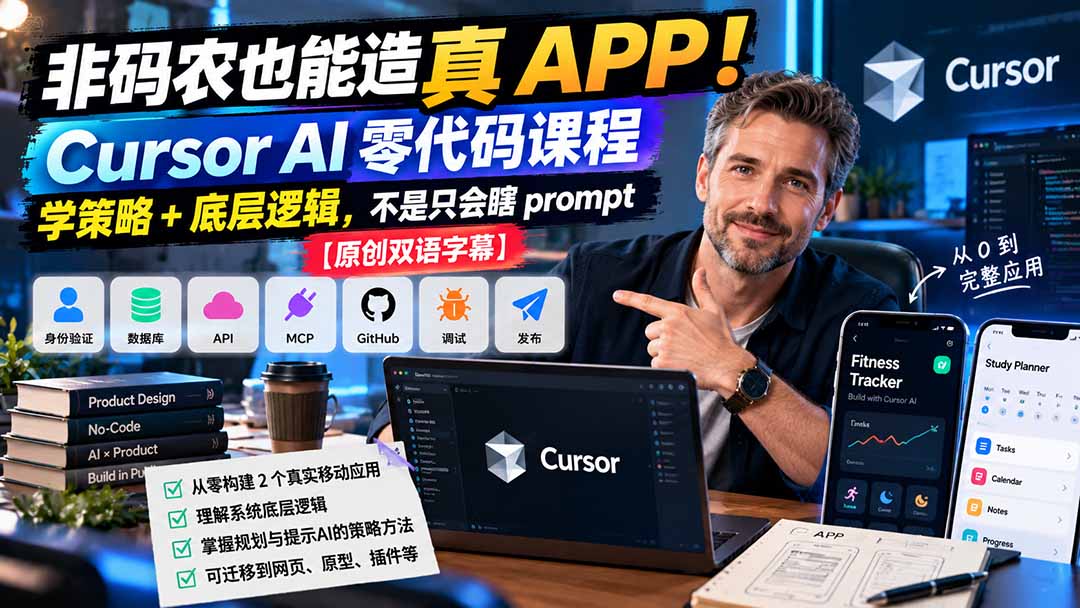 非码农也能造真 APP!Cursor AI 零代码课程:学策略 + 底层逻辑,不是只会瞎 prompt【原创双语字幕】