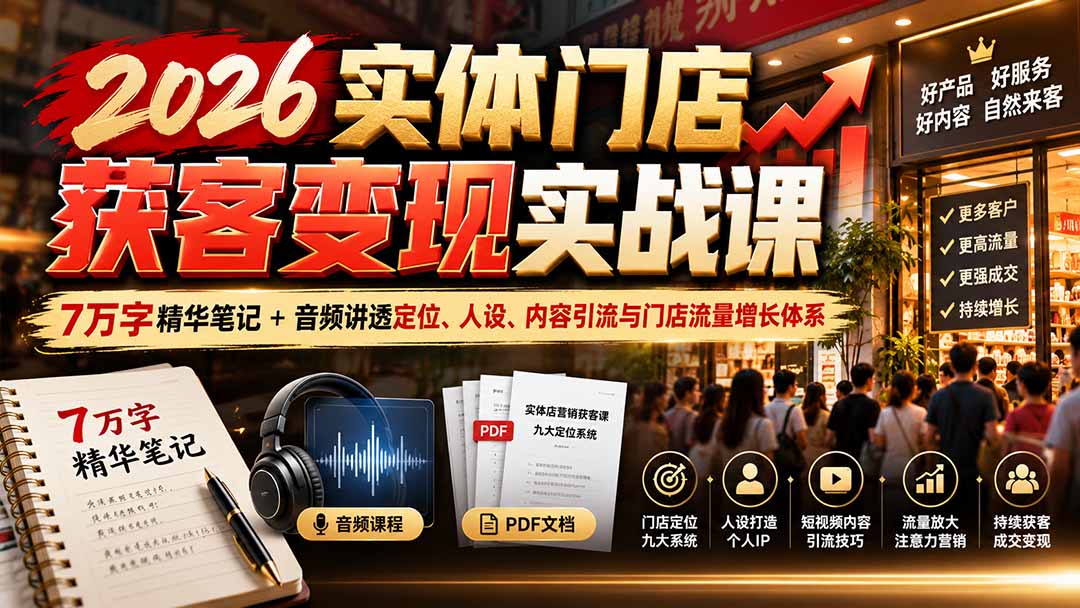 2026实体门店获客变现实战课:7万字精华笔记+音频讲透定位、人设、内容引流与门店流量增长体系