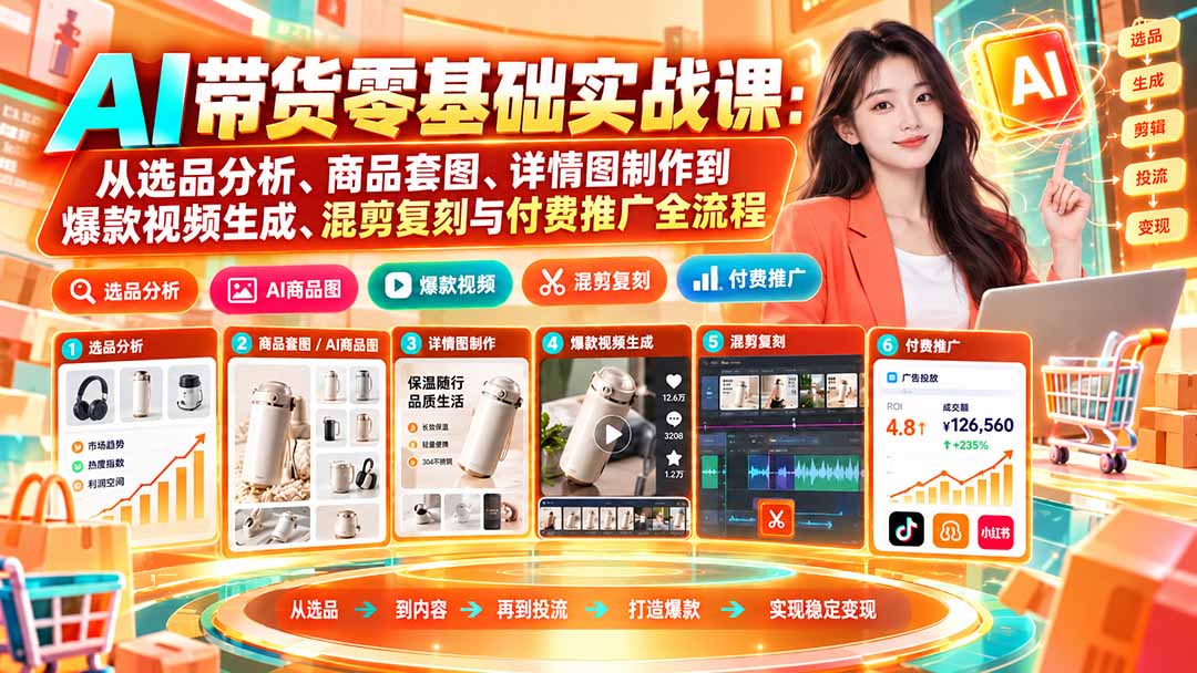 AI带货零基础实战课:从选品分析、商品套图、详情图制作到爆款视频生成、混剪复刻与付费推广全流程