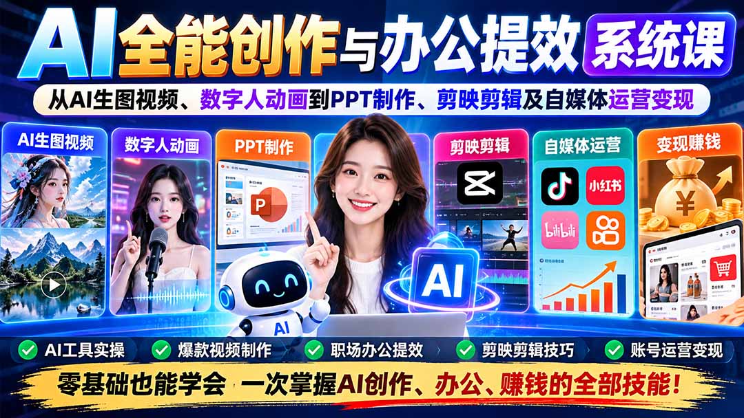 AI全能创作与办公提效系统课:从AI生图视频、数字人动画到PPT制作、剪映剪辑及自媒体运营变现