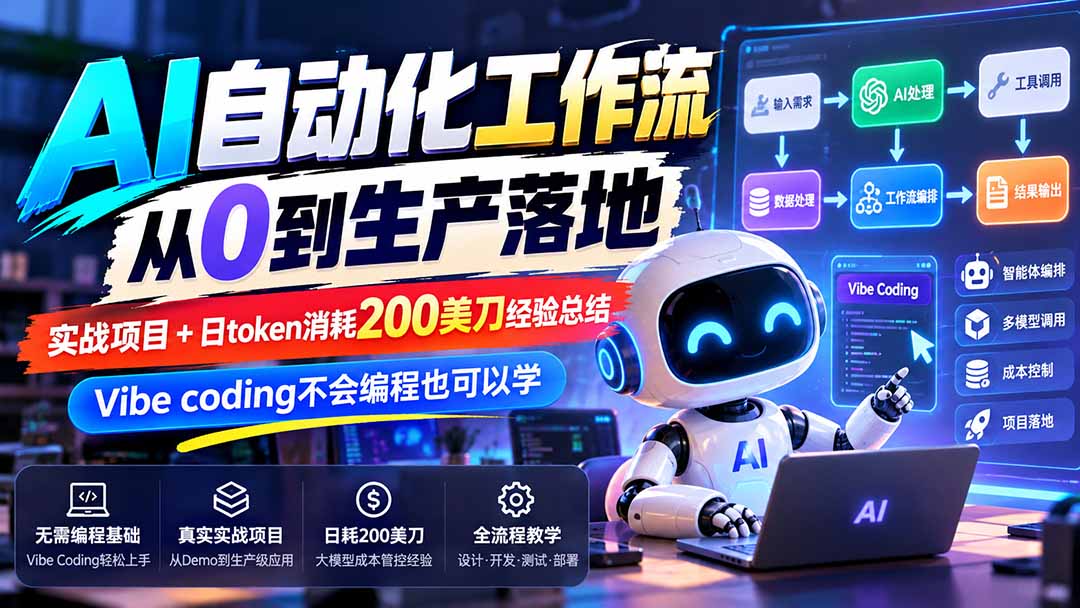 【无水印】AI自动化工作流从0到生产落地,实战项目+日token消耗200美刀经验总结,Vibe coding不会编程也可以学