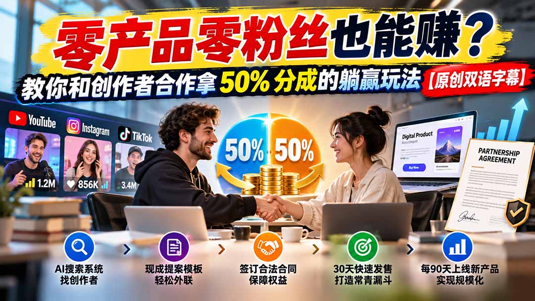 零产品零粉丝也能赚?教你和创作者合作拿 50% 分成的躺赢玩法【原创双语字幕】
