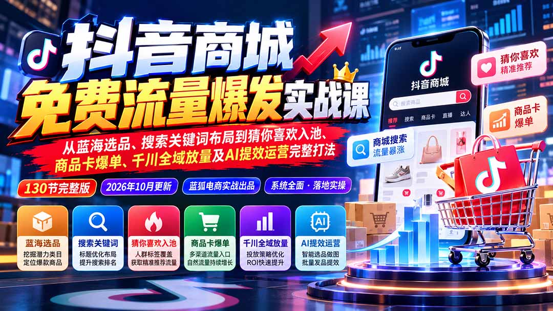 抖音商城免费流量爆发实战:从蓝海选品、搜索关键词布局到猜你喜欢入池、商品卡爆单、千川全域放量及AI提效完整打法