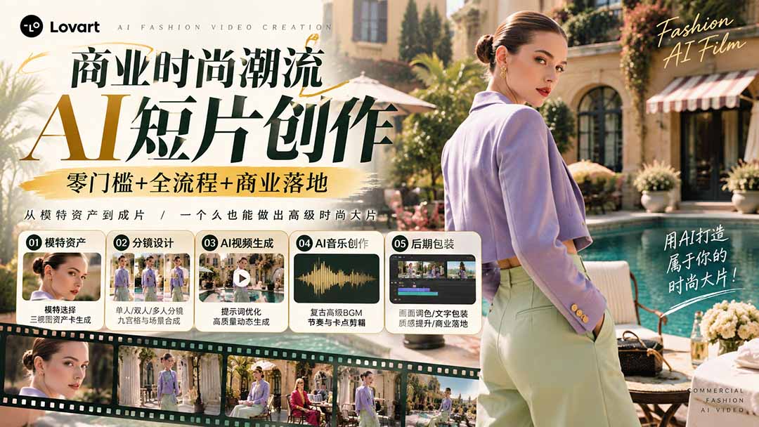 从一张模特图到高级时尚广告大片:AI三视图资产、场景合成、电影分镜、动态生成与复古音乐剪辑实战课