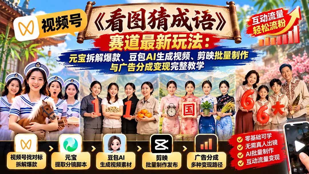 视频号《看图猜成语》赛道最新玩法:元宝拆解爆款、豆包AI生成视频、剪映批量制作与广告分成变现完整教学