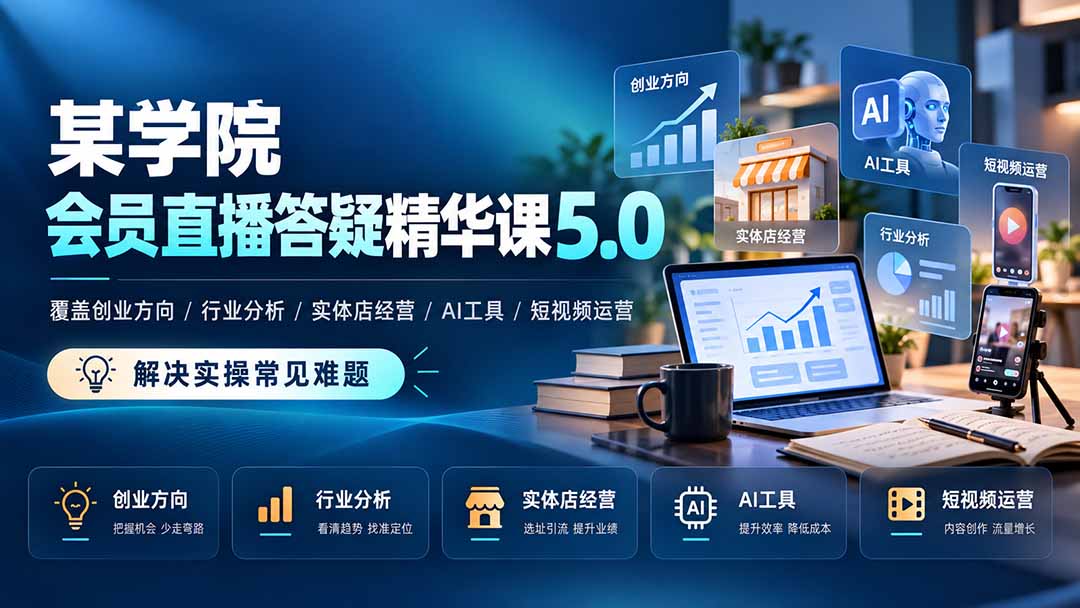 某学院会员直播答疑精华课5.0:覆盖创业方向、行业分析、实体店经营、AI工具和短视频运营,解决实操常见难题!