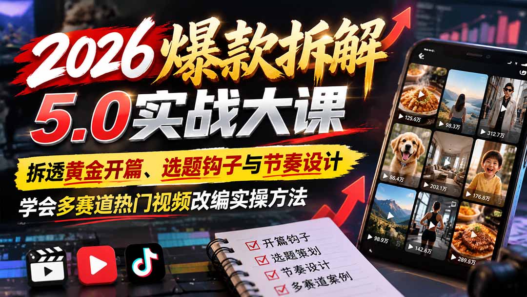 2026爆款拆解5.0实战大课:拆透黄金开篇、选题钩子与节奏设计,学会多赛道热门视频改编实操方法