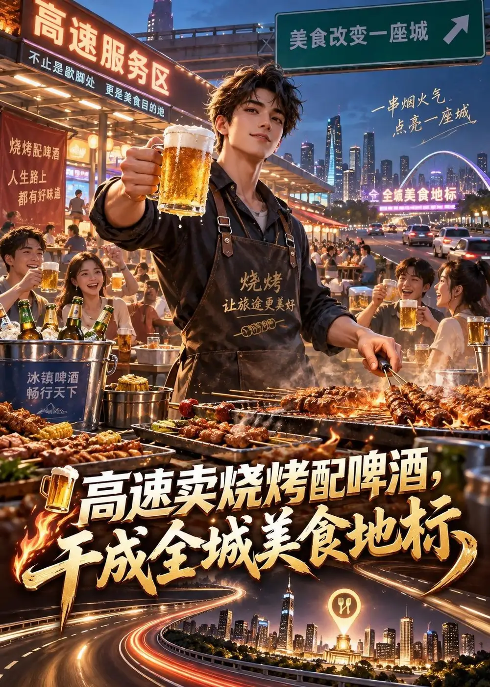 高速卖烧烤配啤酒干成全城美食地标（205集）-海之城短剧项目