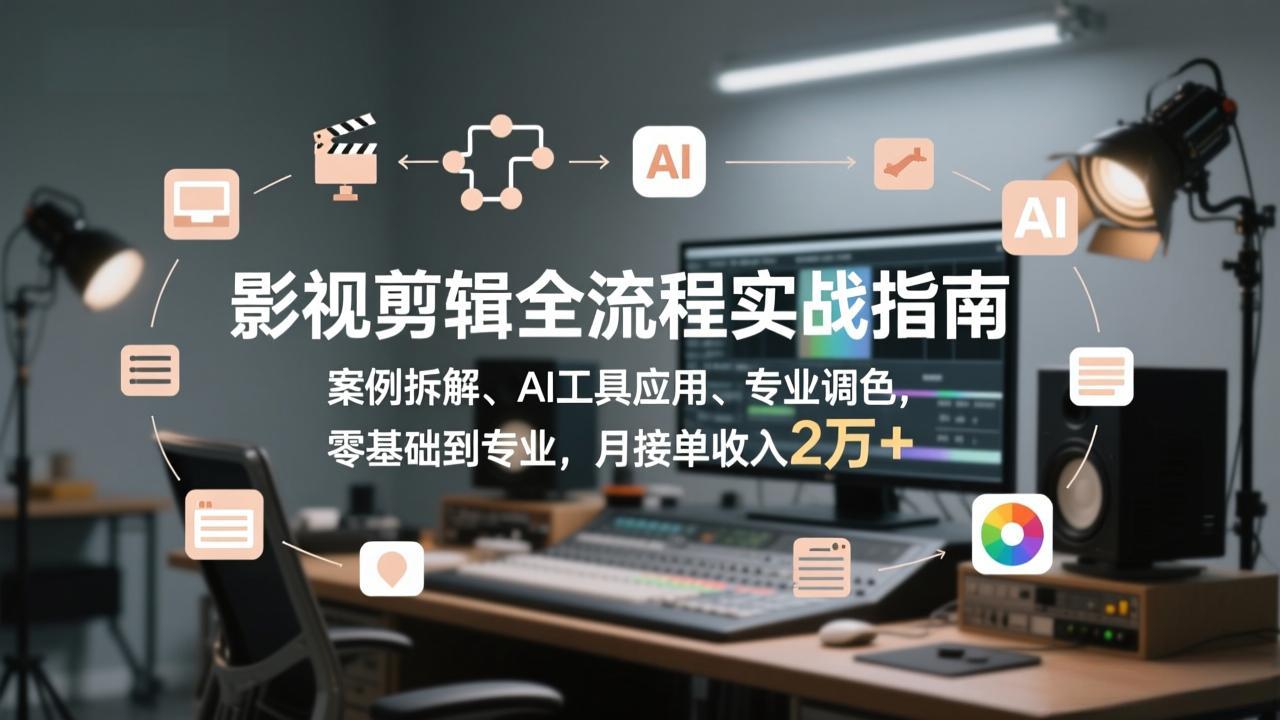 影视剪辑全流程实战指南，案例拆解、AI工具应用、专业调色，零基础到专业，月接单收入2万+-海之城短剧项目
