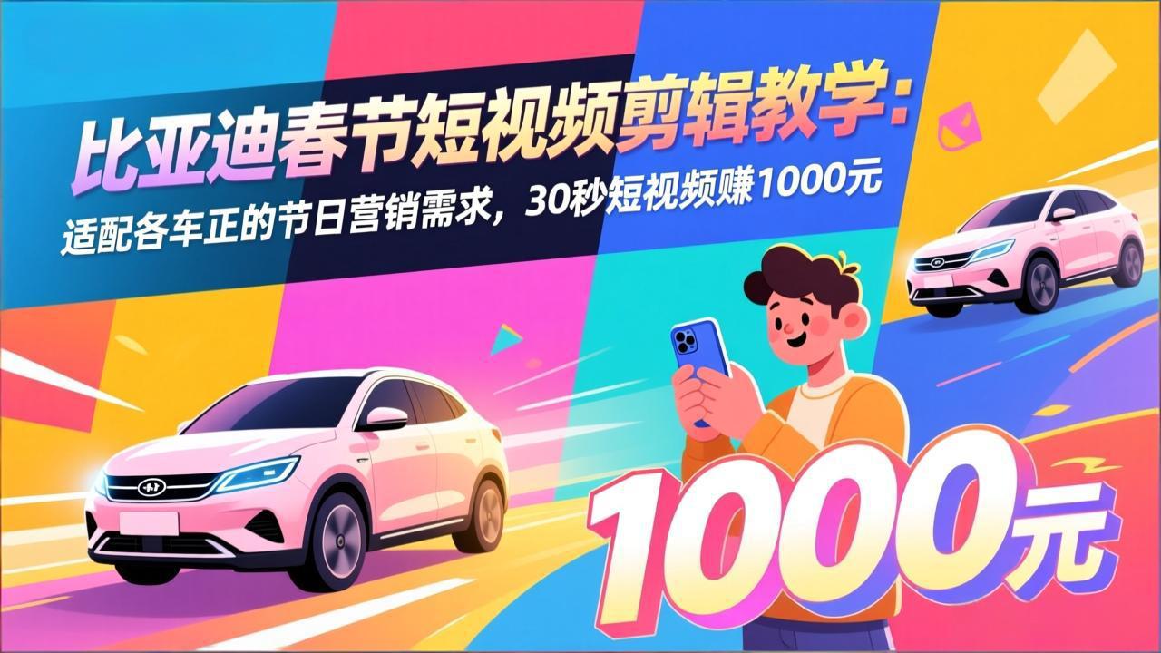 比亚迪春节短视频剪辑教学：适配各车企的节日营销需求，30秒短视频赚1000元-海之城短剧项目