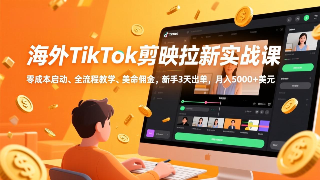 海外TikTok剪映拉新实战课，零成本启动、全流程教学、美金佣金，新手3天出单，月入5000+美元-海之城短剧项目