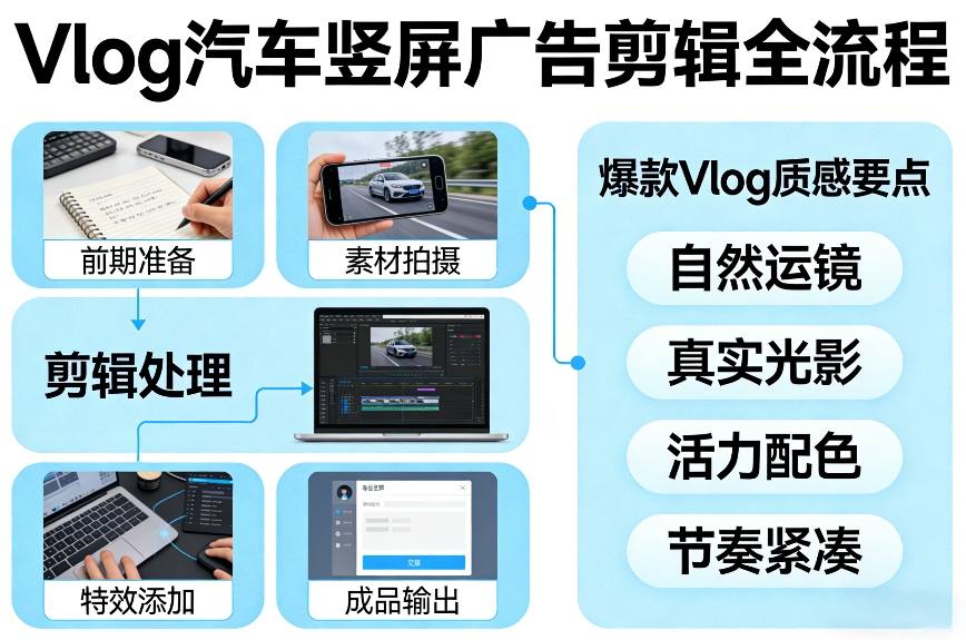 Vlog感觉汽车竖屏广告剪辑脚本全流程，拿捏爆款Vlog质感-海之城短剧项目