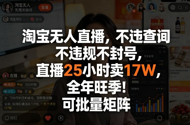 淘宝无人直播，不违规不封号，直播25小时卖17W，全年旺季！可批量矩阵-海之城短剧项目